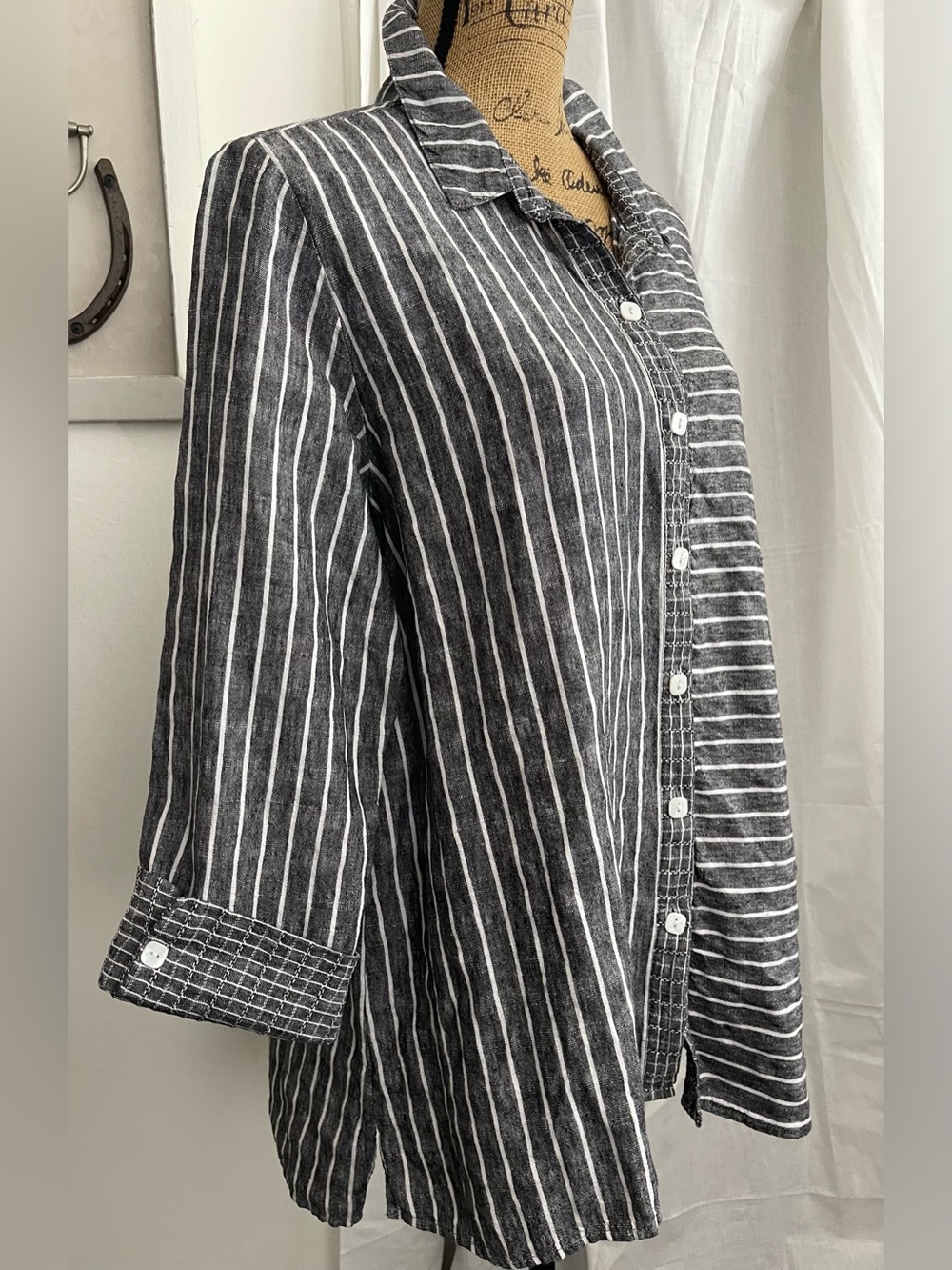 Habitat Linen Blend Flip Stripe Boyfriend Button Down Shirt Tunic Size L